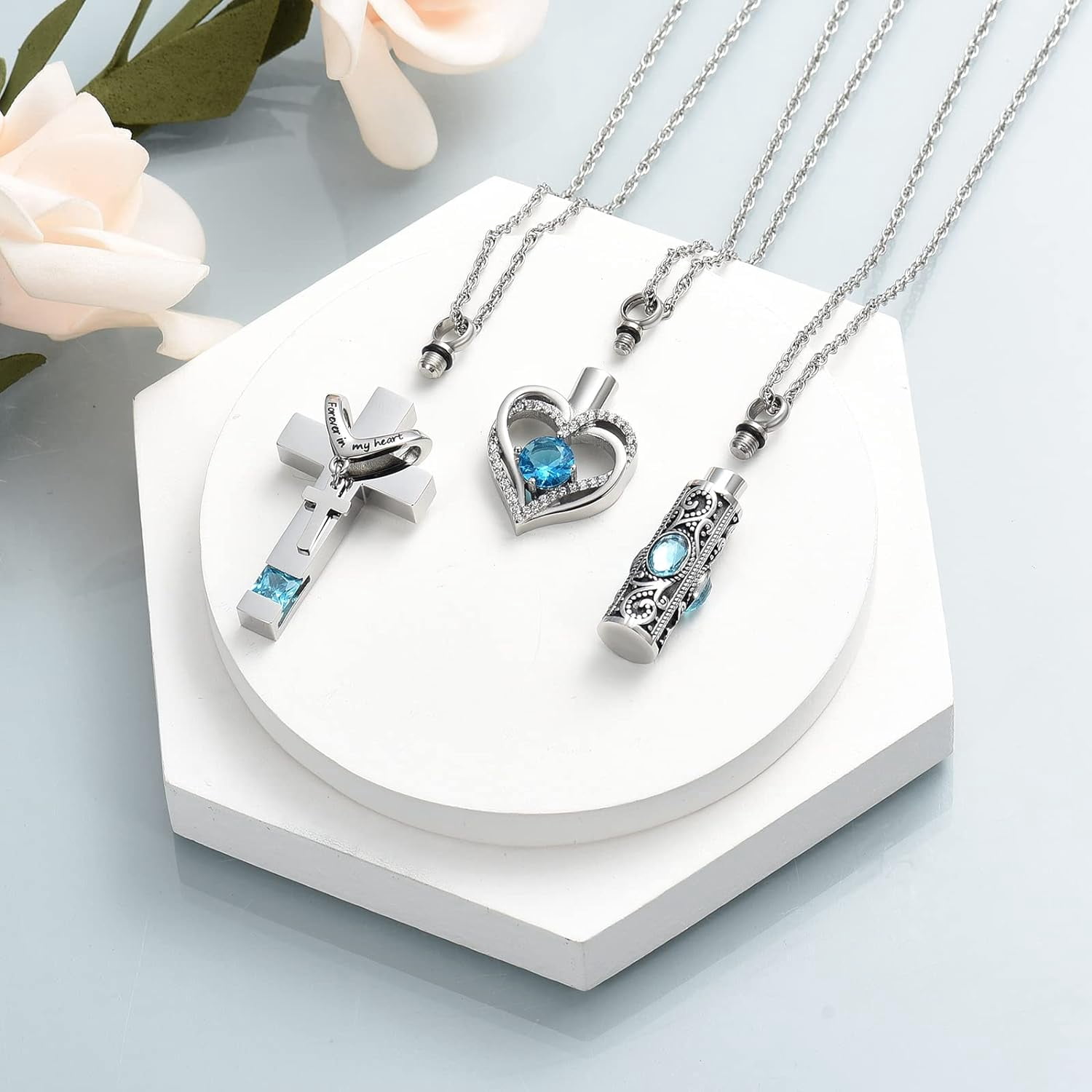 3 Pack Urn Necklace for Ashes for Women Gilrs Heart Cross Cylinder Cremation Jewelry for Ashes Memorial Keepsake Birthstone Pendant