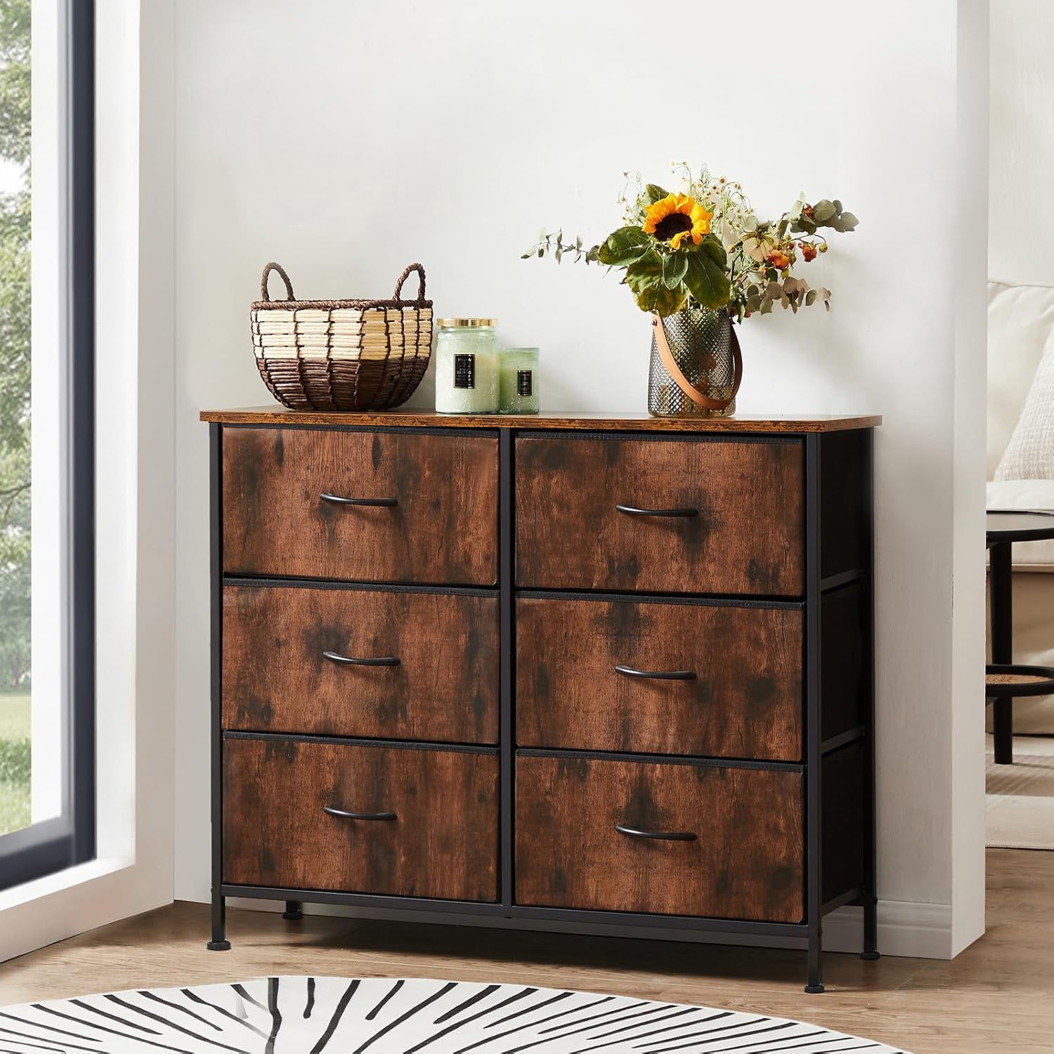 【Holiday Ready】6-Drawer TV Stand & Dresser, Multifunctional Furniture with Fabric Storage for Living Room, Bedroom, Rusty Brown