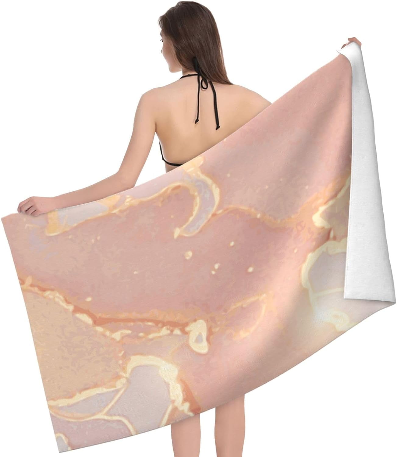Rose, Peach and Gold Marble Large Beach Towel - Plush Thick Cotton Pool Towel, Adult Beach Towels