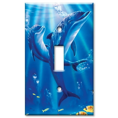 Dolphins Metal Switchplate - Art Plates brand - Single Gang Toggle Wall Plate - Sunlit Dolphins