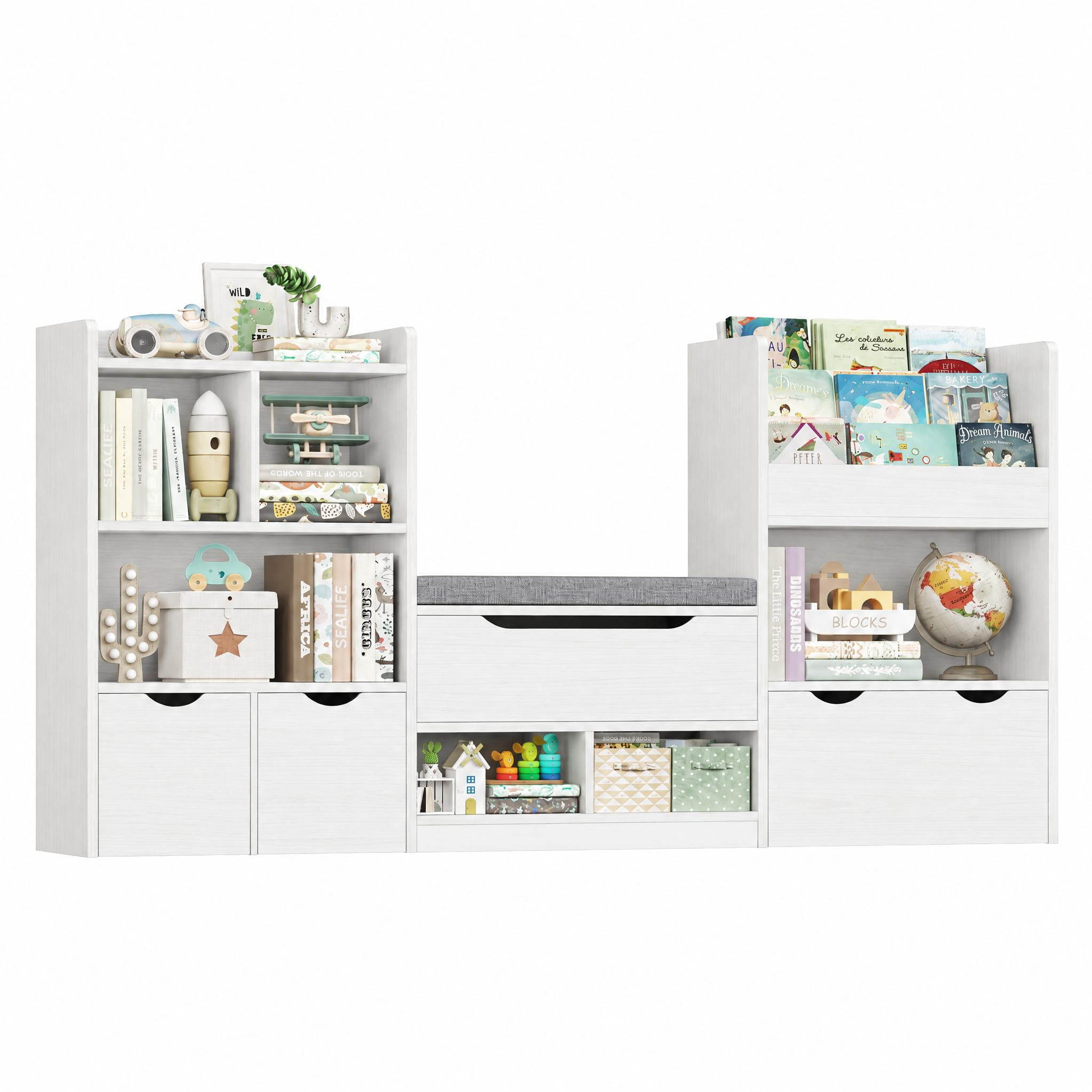 Hiphuta 72"Wide Kids Bookcase with Reading Nook and Under Bench Storage, Wooden Toy Storage Organizer & Book Rack for Kids Room, White