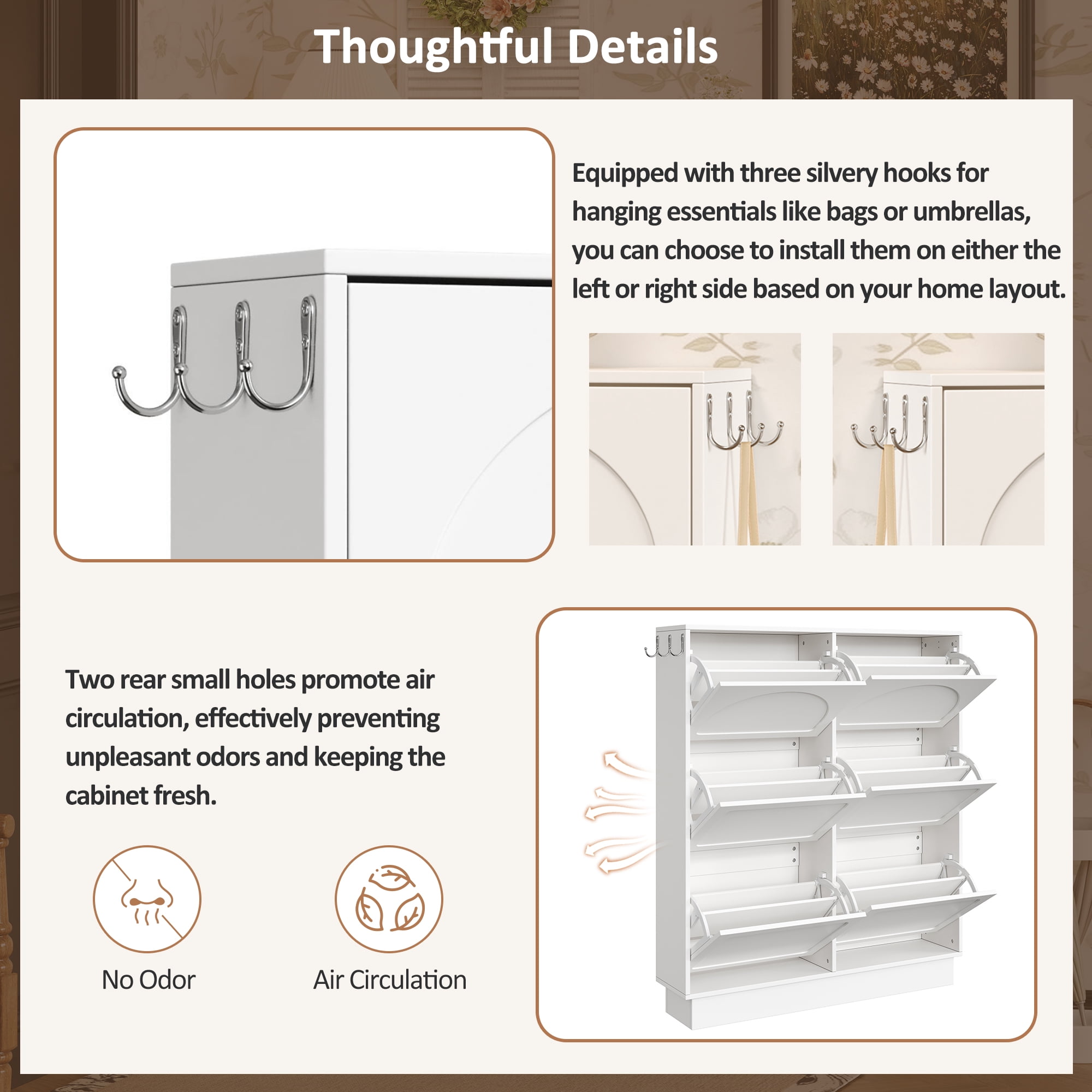 Euroco Elegant Narrow Tipping Bucket Shoe Cabinet with 6 Flip Drawers, Space Saving Design, Cream Style Entryway Organizer with Adjustable Shelf, Free-Standing Shoe Rack with 3 Silvery Hooks, White