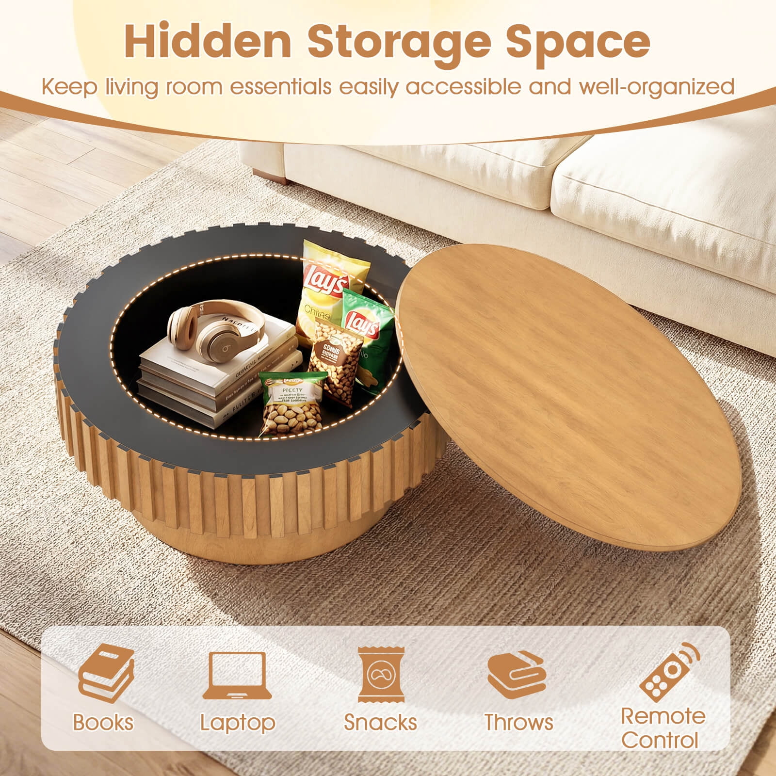 Costway Round Coffee Table with Storage, Wooden Drum Coffee Table with Hidden Compartment Natural