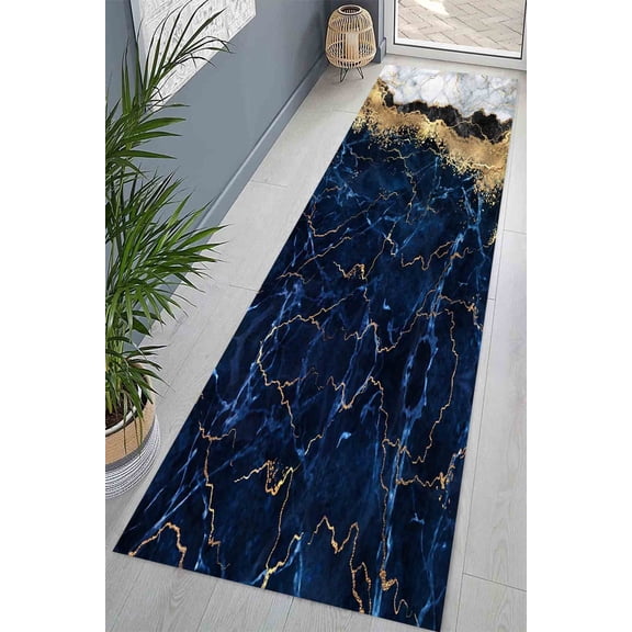 Navy Blue and White Rugs, Office Rugs, Blue Marble Rug, Easy to Clean Rugs, Blue and Gold Rug, Alcohol Ink Rug, Entry Rug, Home Decor, 2.6'x9.2' - 80x280 cm