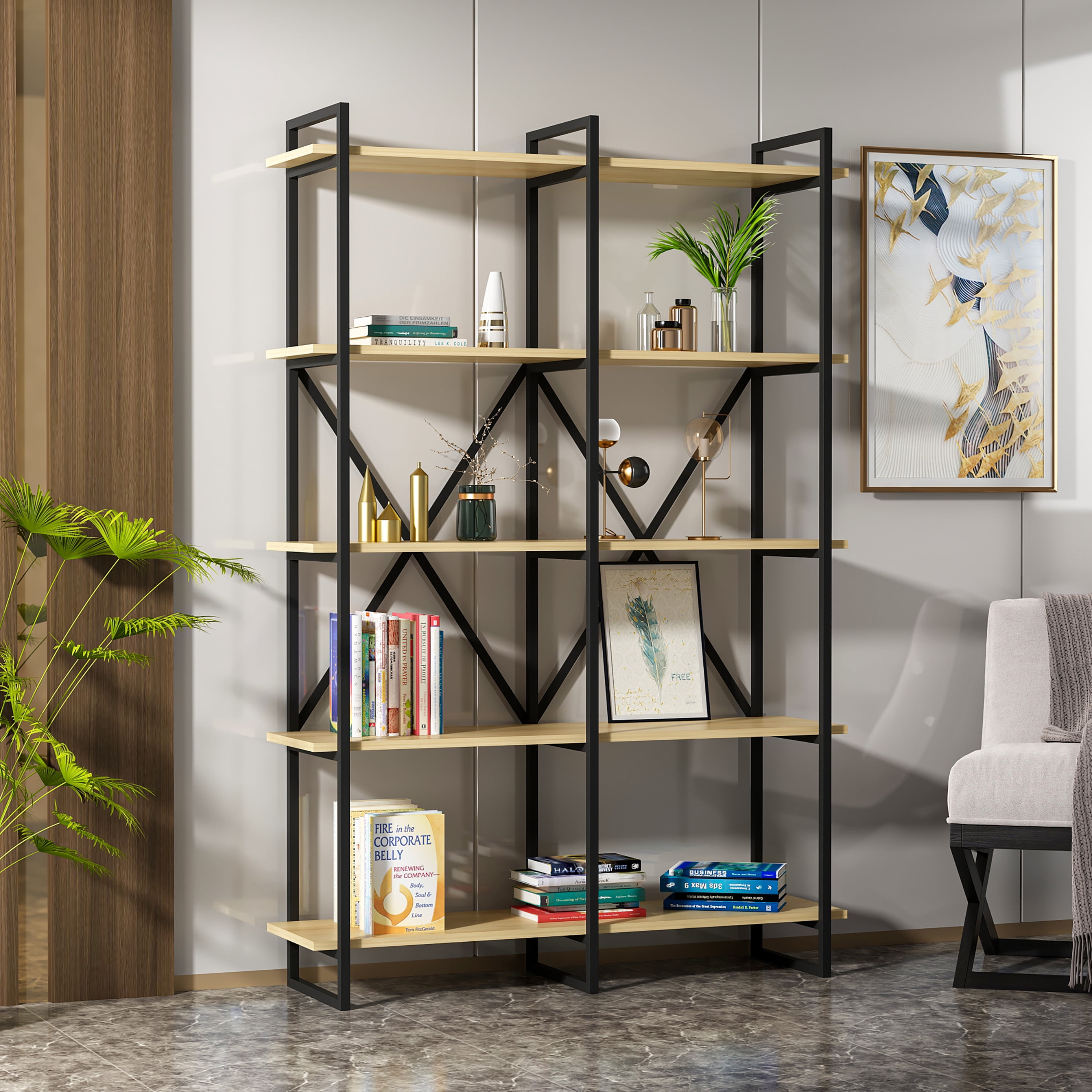 Ada Home Decor ElstonIV 4 Tier Open Shelf Modern Bookcase, Oak/Black