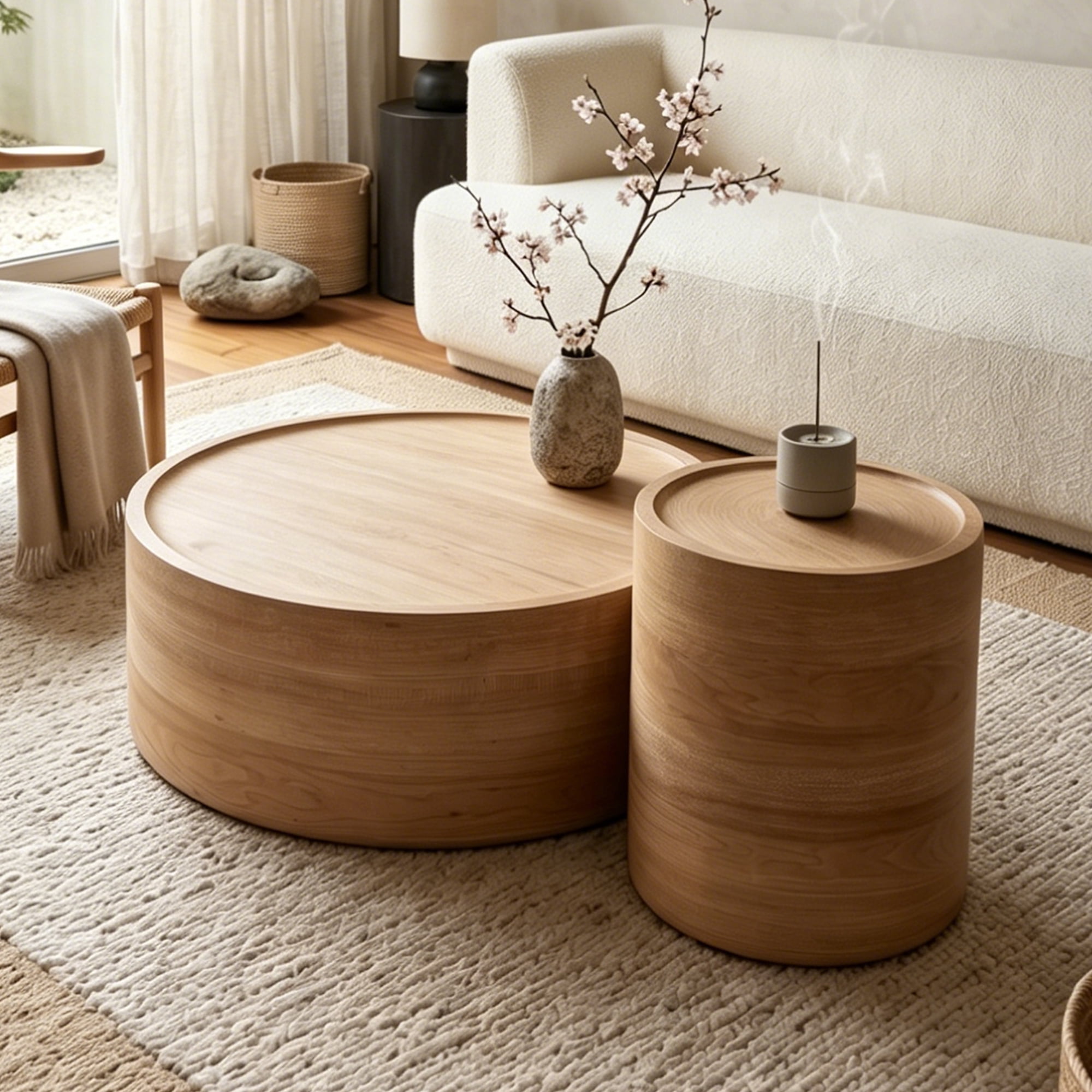 Leumius Round Coffee Table with Natural Wood Grain, Modern Drum Circle Coffee Table for Living Room Bedroom, No Need Assembly Natural 2