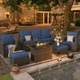 thumbnail image 2 of ELPOSUN Patio Furniture Set with Fire Pit Table, 6 Pieces Outdoor Patio Sofa Set with Fire Pit Table, Wicker Rattan Outdoor Conversation Set with Ottoman for Poolside, Backyard, Gray Rattan Navy Blue, 2 of 6