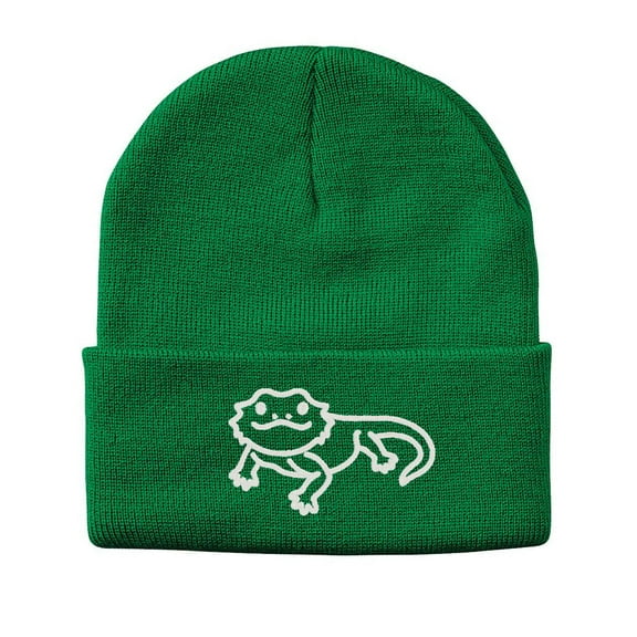 Bearded Dragon Cute Cuffed Embroidered Beanie Hat by STICKER DAD (Color: Kelly Green w/White Thread)