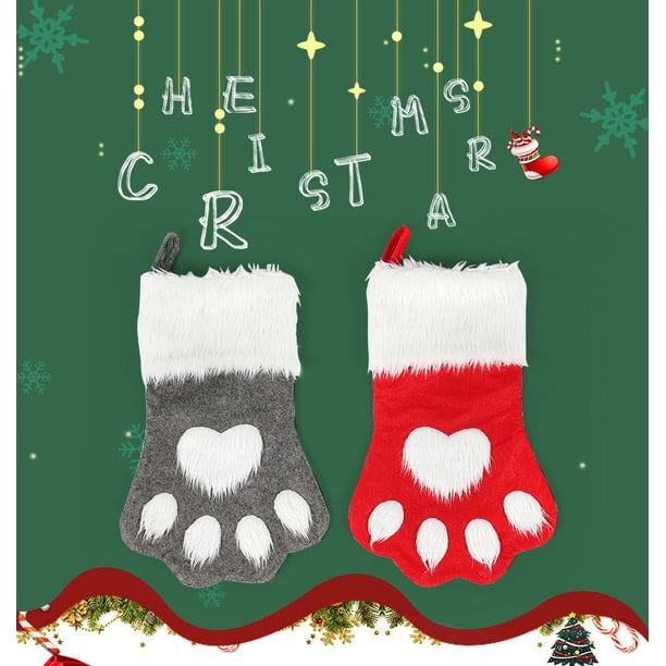 Xihbxyly Calcetines Navideños con Forma de Pata de Perro, Tejidos a Mano, Diseño Rojo y Gris, Decoración Festiva para Árbol, Bolsa de Regalo Navideña, Multiusos, 1 Bolsa de Regalo Navideña.