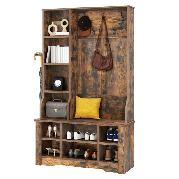 Craftian 39" Hall Tree with Shoe Storage, Coat Rack with Bench for Entryway Corner Narrow Adjustable Shelf, Brown