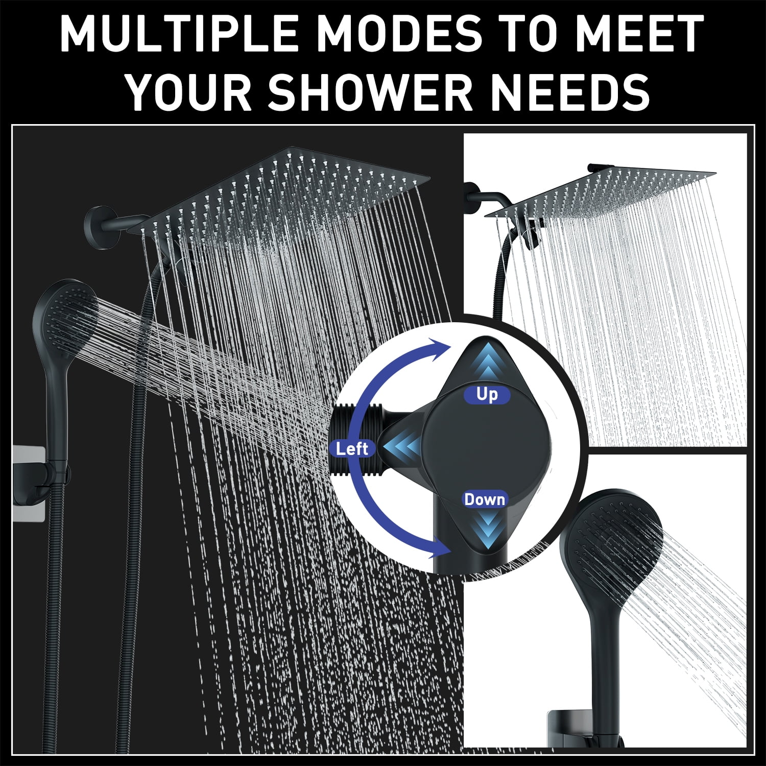 DTIG 12 inch Rain Shower Head, 5-Setting High Pressure Shower Head with Handheld, Shower Bracket and Hose Black