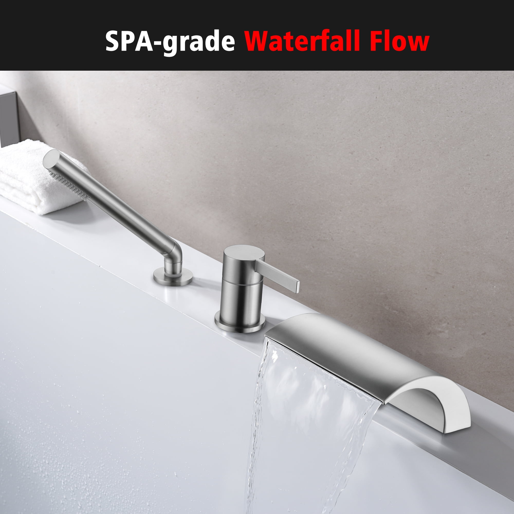 SUMERAIN Brushed Nickel Bathroom Roman Tub Faucet, 3-Hole Deck Mount Waterfall Bathtub Faucet with Hand Shower