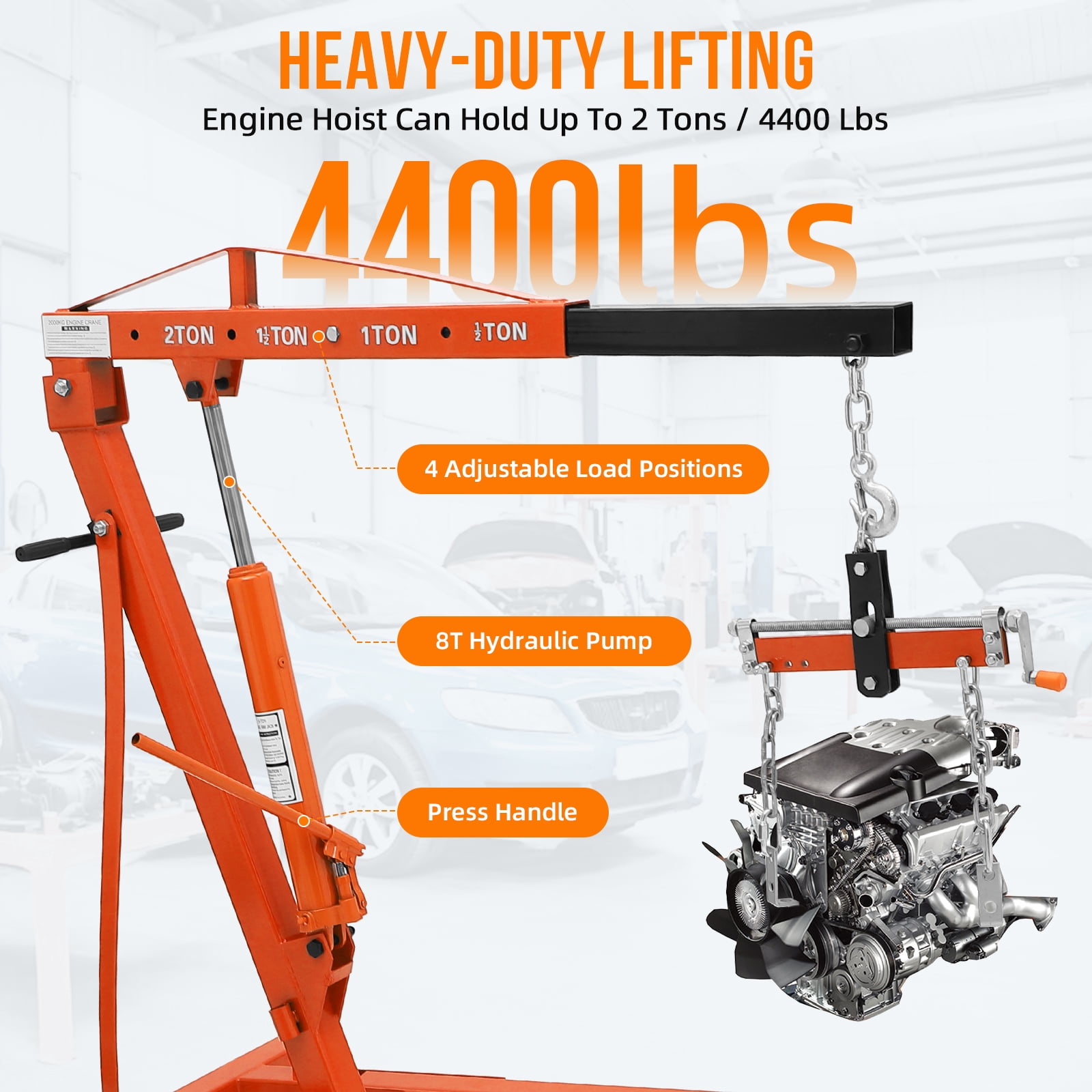 Towallmark Folding Engine Hoist, Cherry Picker with Lever and 6 Casters,Heavy Duty Hydraulic Shop Crane, 2 Ton Max, Orange