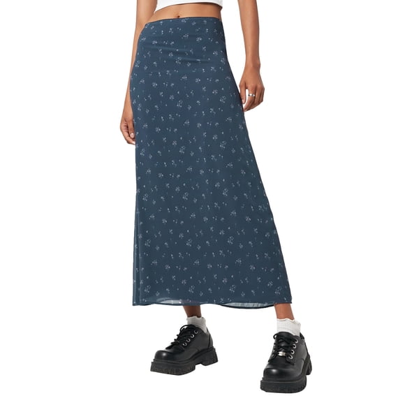 Xingqing Womens Boho Vintage Floral Y2K Skirt Long High Waist Mesh Midi Skirt Grunge Fairycore 90s Streetwear Blue M