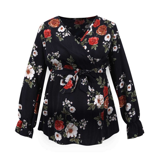 Tops Para Mujer Top de Maternidad Camiseta de Manga Larga Con Estampado de Flores Cinturón Para Embarazadas Ropa de Enfermería S Odeerbi ODB159879
