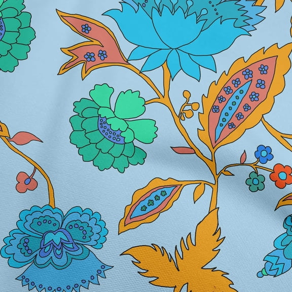 oneOone Cotton Flex Light Blue Fabric Jacobean Floral Silhouette Fabric For Sewing Printed Craft Fabric By The Yard 40 Inch Wide