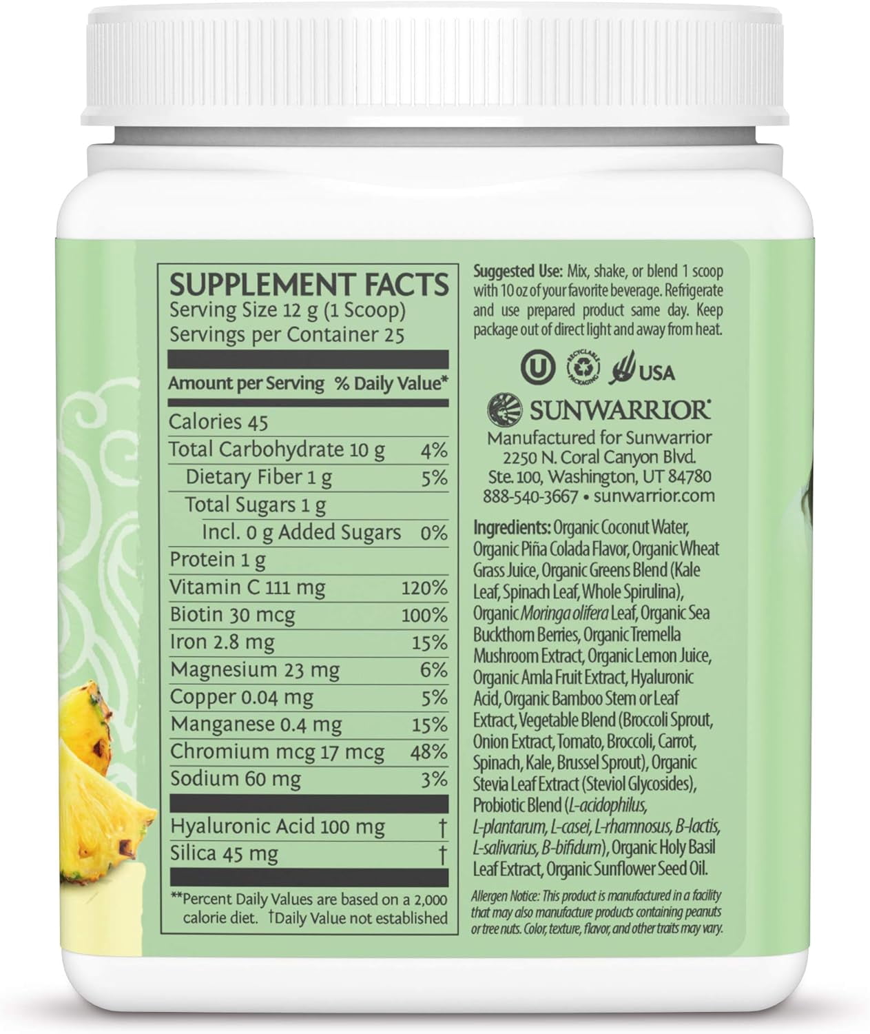 Sunwarrior Beauty Greens Collagen | Pina Colada Collagen Boost Powder with Hyaluronic Acid and Biotin, 300g