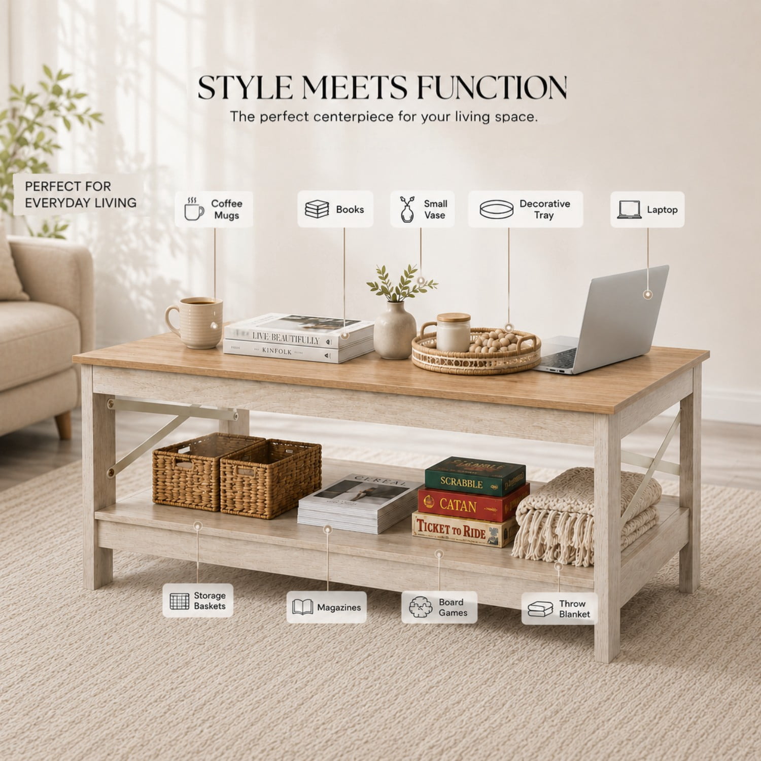 Easy4Home Coffee Table with Open Storage Shelf,2-Tier Rustic Farmhouse Center Table for Living Room, Natural Oak