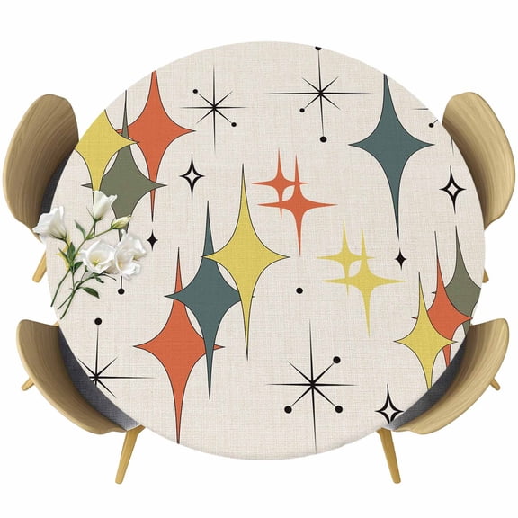 Multi-Color Diamond Round Tablecloth, Fitted Table Cover with Elastic for 45"-54" Round Tables, Modern Geometric Middle Century Beige Table Cloth Outdoor Indoor Dinning Party Waterproof Tablecloths