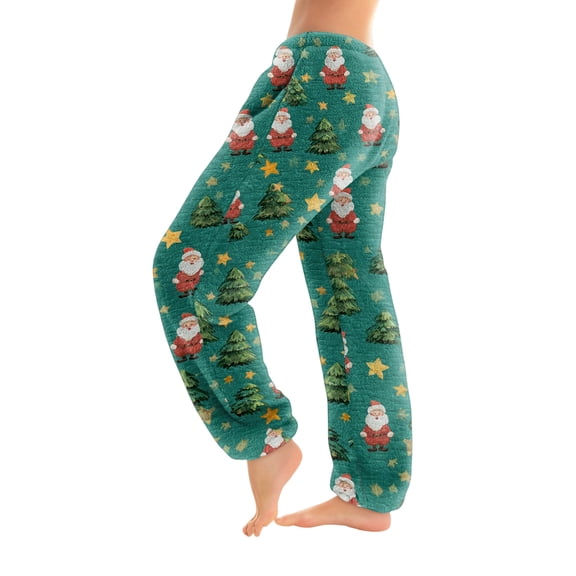 Women's Cuff Pajama Pants, Christmas Print Flannel Sleepwear, Elastic Waist Casual Lounge Pants, Warm Comfortable Nightwear for Women,Green,2XL