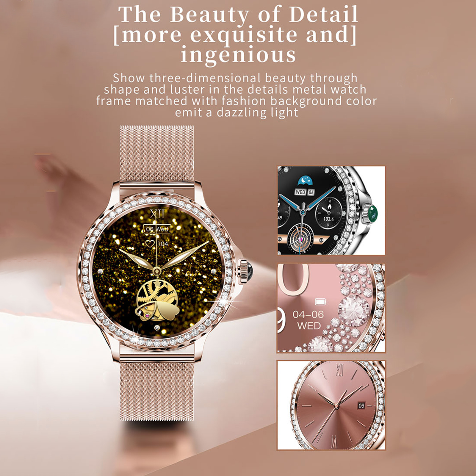 AMOLEDMingdaln 42mm Smart Watch for Women, fits for Android and Iphone Devices,with IP68 Waterproof/150+ Sport Modesperfect gift2 strapsGold