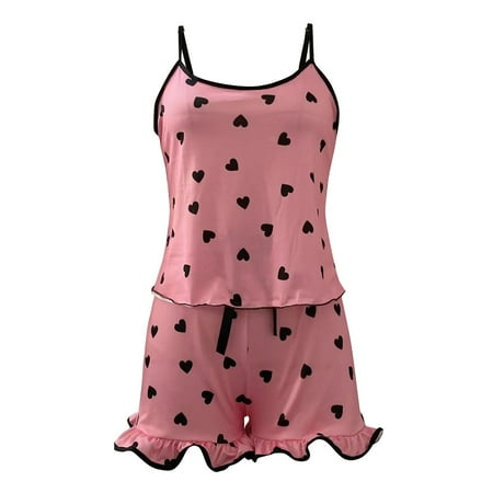 

Knosfe Women Cami Shorts Set Pj Sets Two-piece Loungewear Sleepwear Pajamas Set Love Print Pjs S