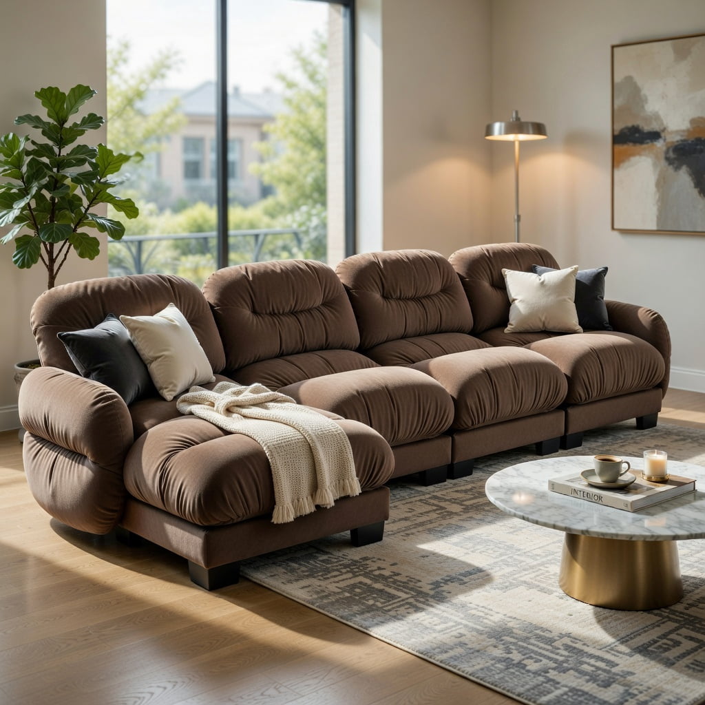 Hommoo Chenille 4-Piece L-Shaped Modular Sectional Sofa Set with Ottoman, Ergonomic High-Density Foam Cushions, Pleated Back Design & 2 Round Throw Pillows, Brown
