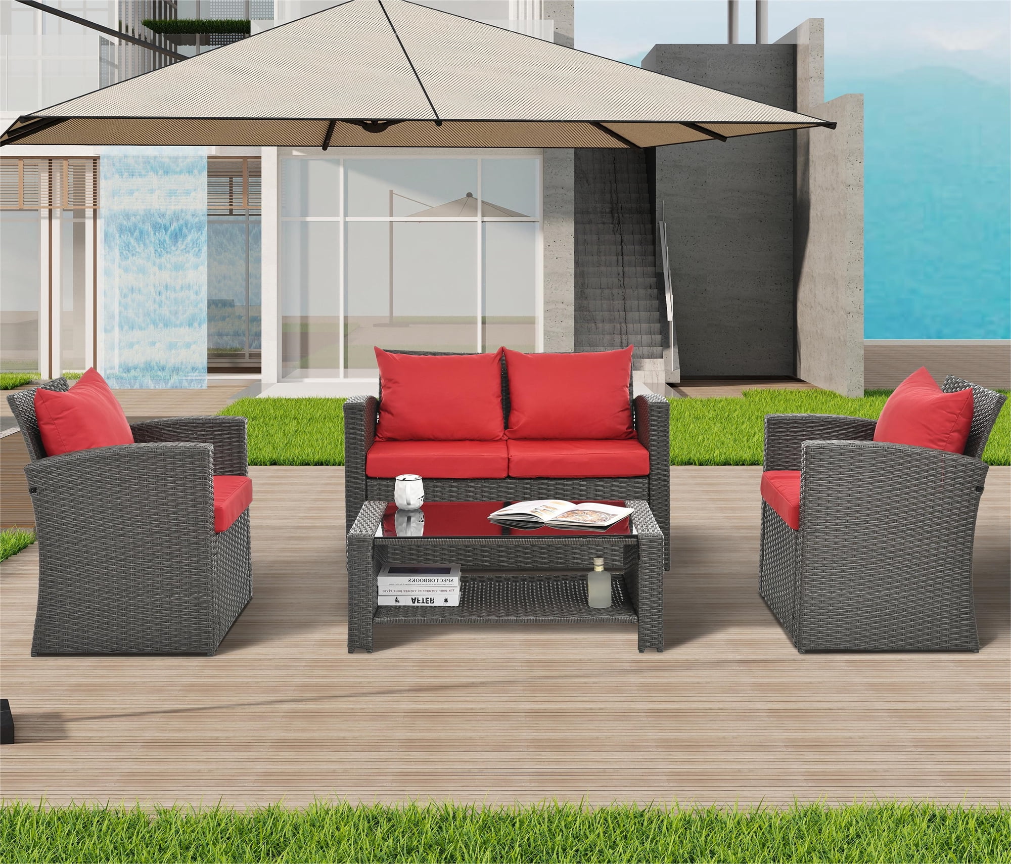 Highsound 4 Pieces Outdoor Sectional Sofa, Patio Furniture Sets Manual Weaving Wicker Rattan Patio Conversation Sets with Coffee Table, Red Cushions