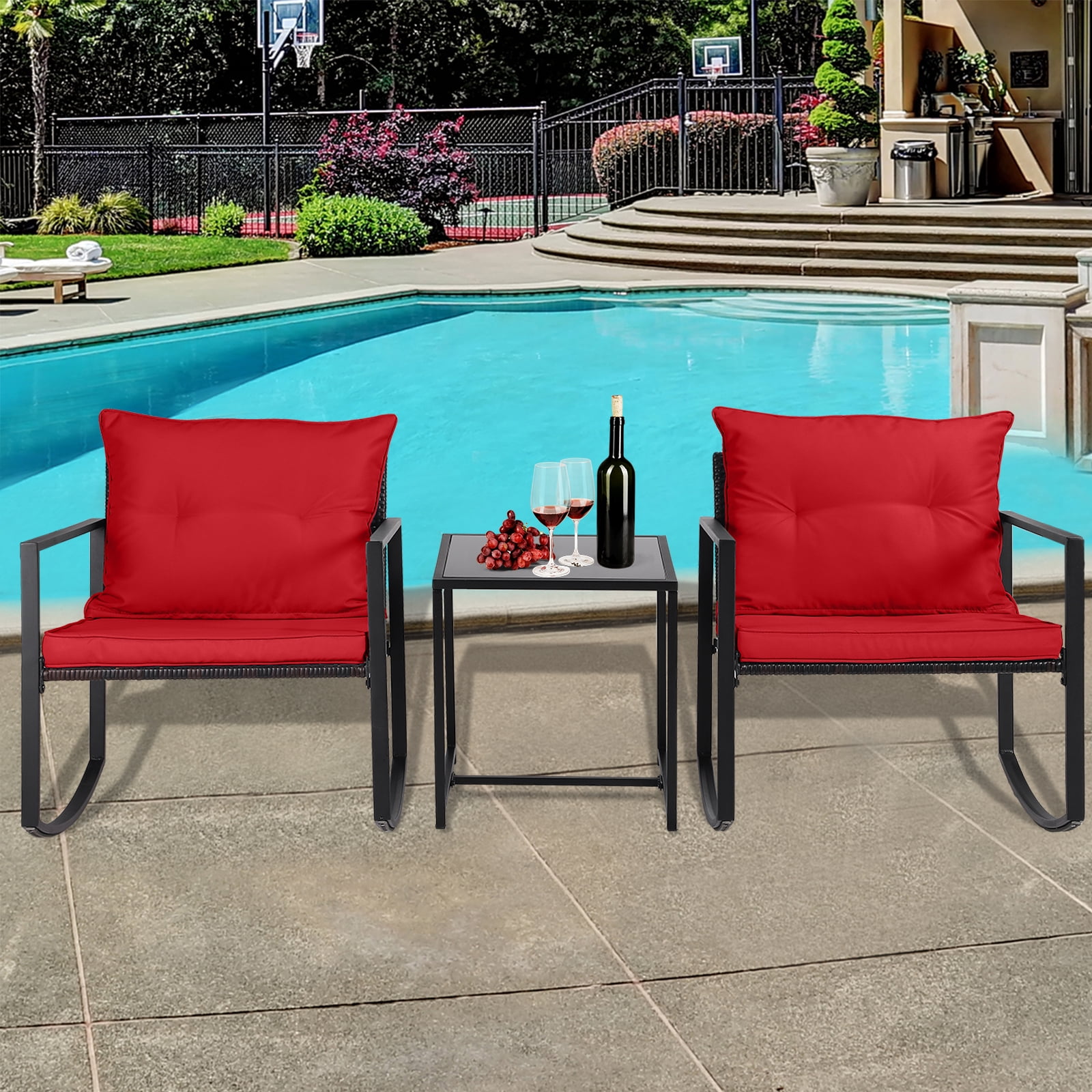 Magic Union Outdoor Patio 3 Piece PE Rattan Bistro Set Brown Wicker Chairs and Glass Top Coffee