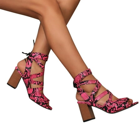

YYYTop Womens Sandals Gold Sandals for Women 2024 New Sandals Women s Large Snake Pattern Thick Heel High Heel Sandals with Hollow Fish Mouth Sandals Open Toe Heels for Women Summer Savings