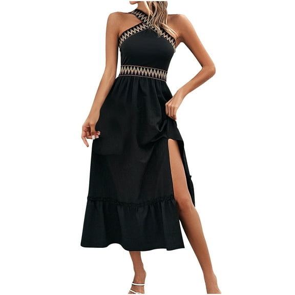 STETMN Maxi Dress for Women Off Shoulder Sleeveless Cut Out Tie Front Slit A Line Mini Dresses
