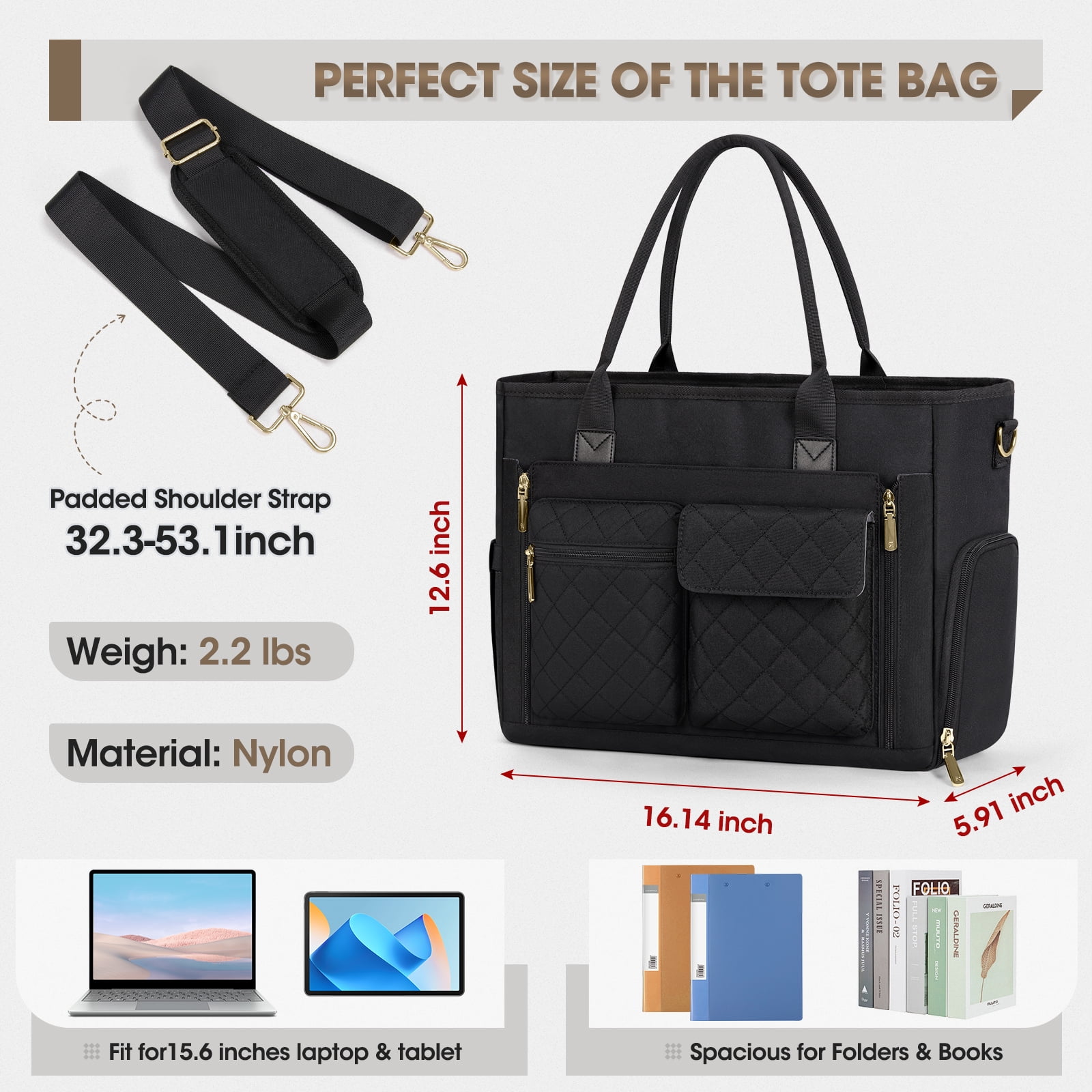 RAINSMORE Teacher Tote Bag with Insulated Lunch Compartment 15.6 inch Laptop Bag for Women Lightweight Work Bags Nurse Bags