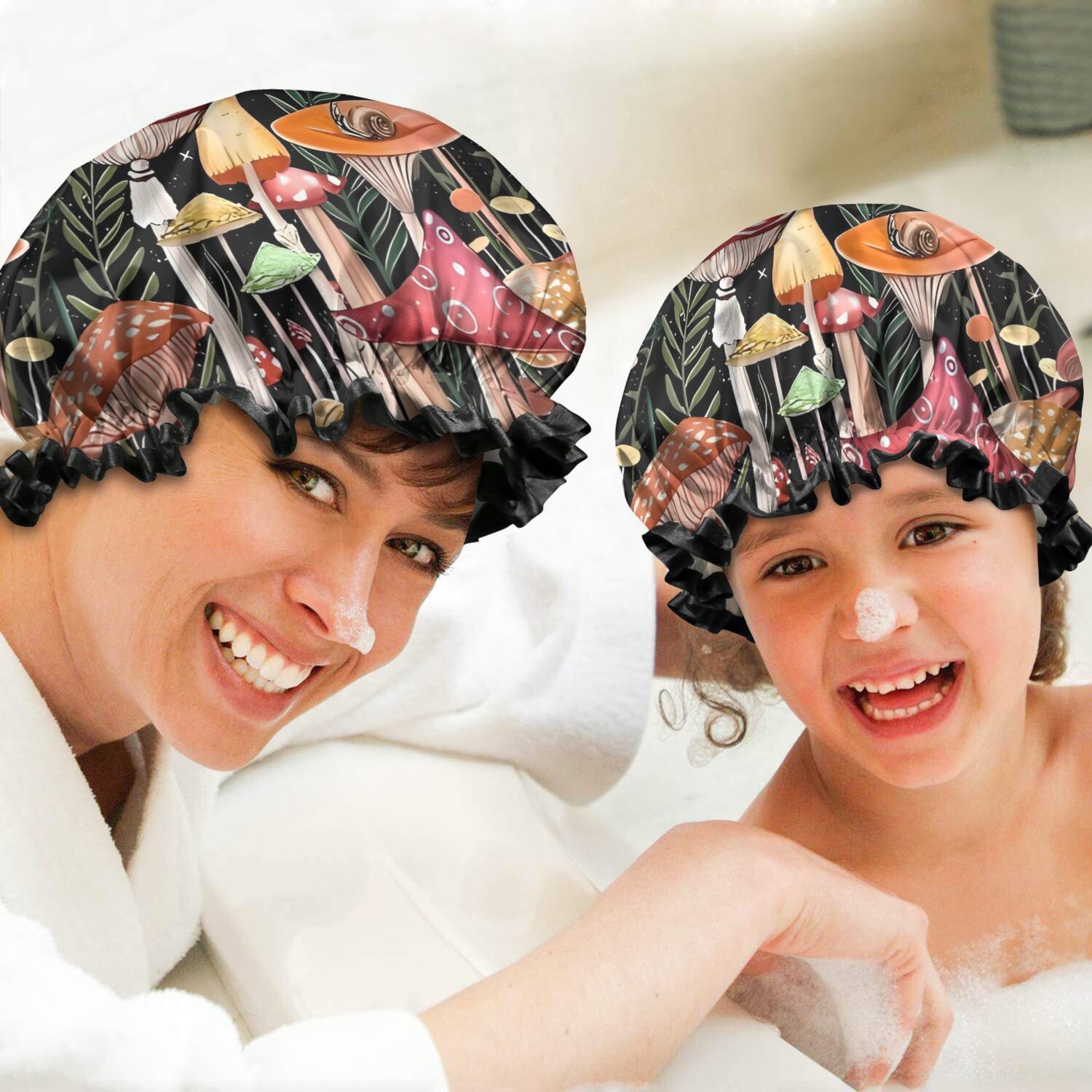 Shower Caps,Red Mushroom Butterfly Black Pattern Waterproof Shower Cap for Women 4 Pieces,Double Reusable Hair Cover for Shower PEVA Elastic Stretch Hem