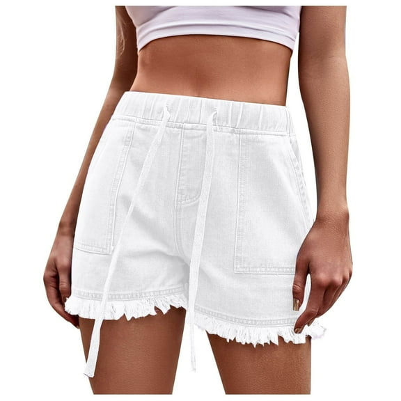 CYRBOKO Women's Denim Shorts 2025, Elastic Waist Soft Drawstring Casual Summer Bottoms White Size M