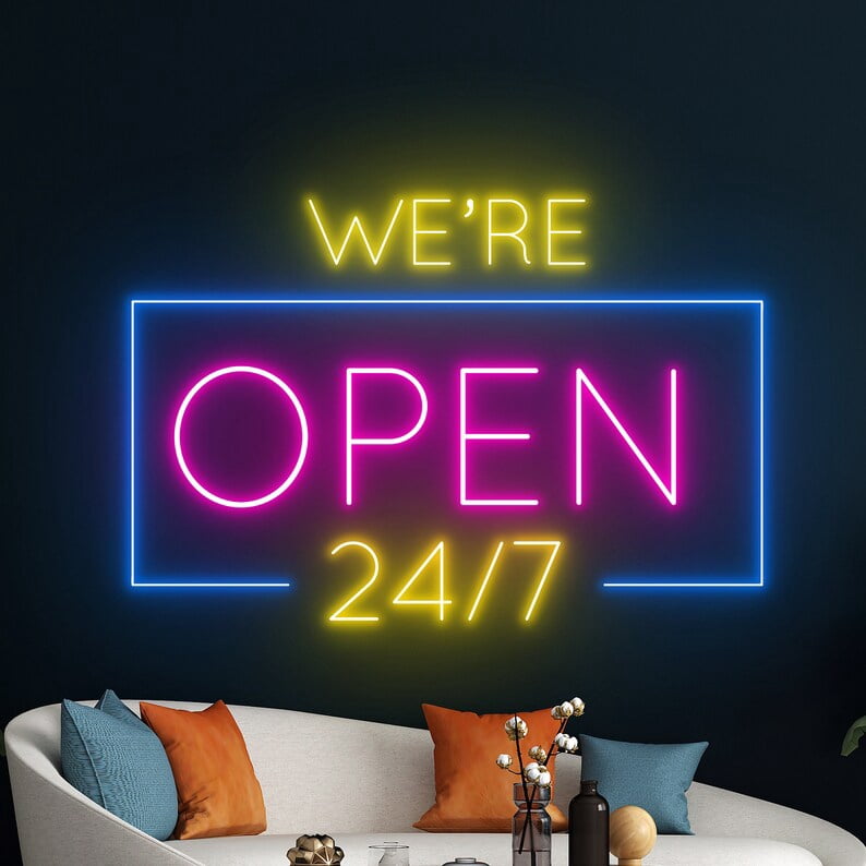 Handmadetneonsign We Are Open 24/7 Neon Sign, Open Logo Wall Art Decor, Welcome Wall Decor