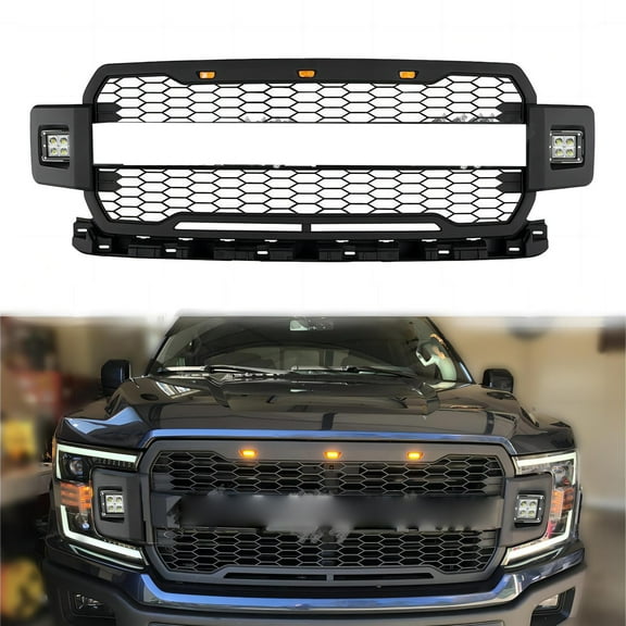 Front Bumper Grille Raptor Style Grill With Side Lights Fit For 2018 2019 2020 F150 F-150 Pickup Truck Front Matte Black Front Bumper Mesh Grill Grille