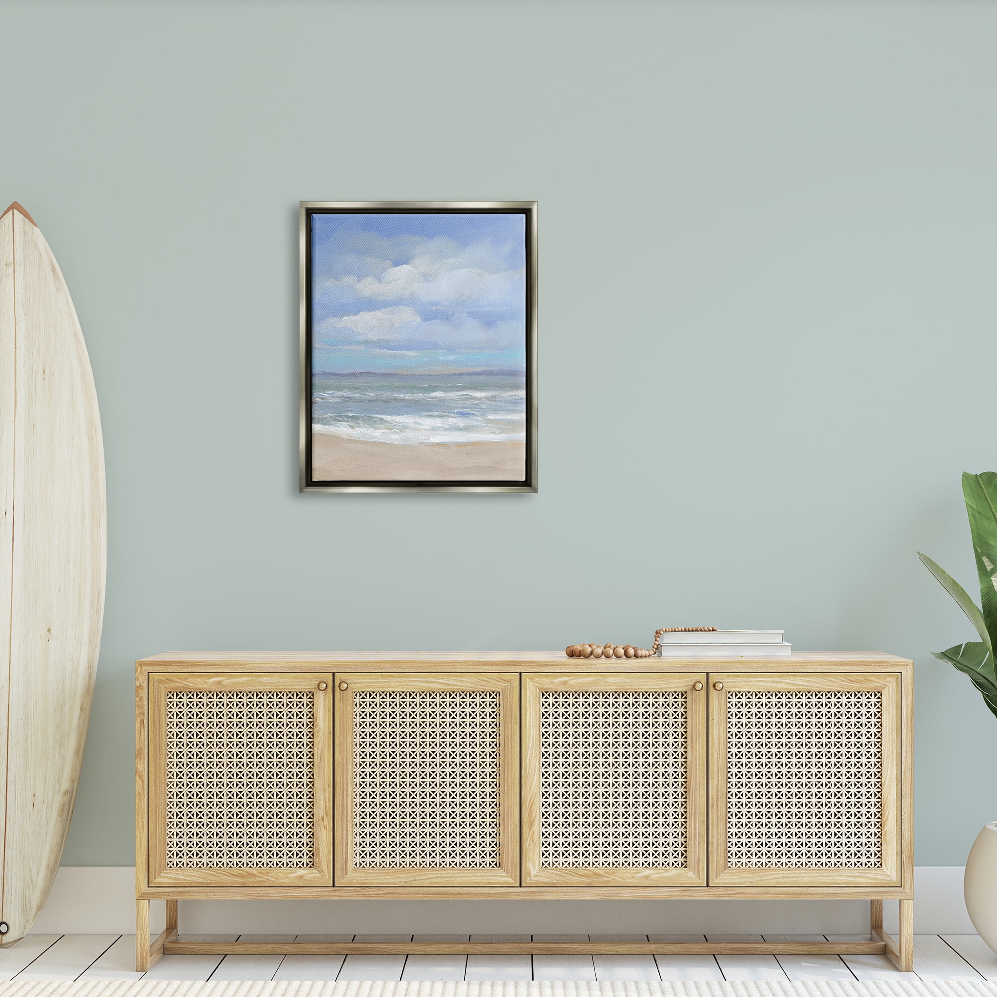 Stupell Cloudy Ocean Bay Shoreline Landscape Painting Gray Floater Framed Art Print Wall Art
