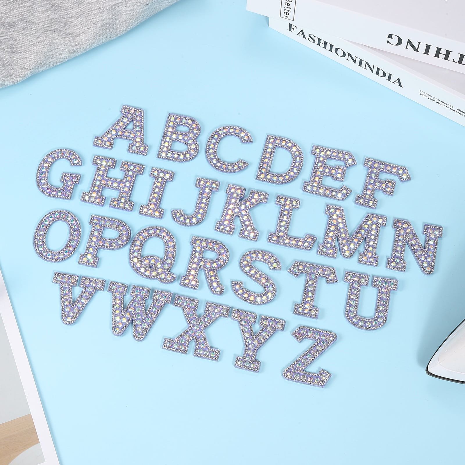 Uxcell 26pcs Letter Iron on Patch Decorative A-Z, Purple Glitter Pearl Alphabet Applique Rhinestone English Letter for DIY Clothing Repair Hat Bag