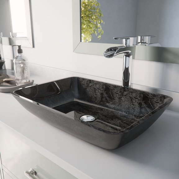 VIGO Glass Rectangular Vessel Bathroom Sink in Onyx Gray with Niko Faucet and Pop-Up Drain in Chrome