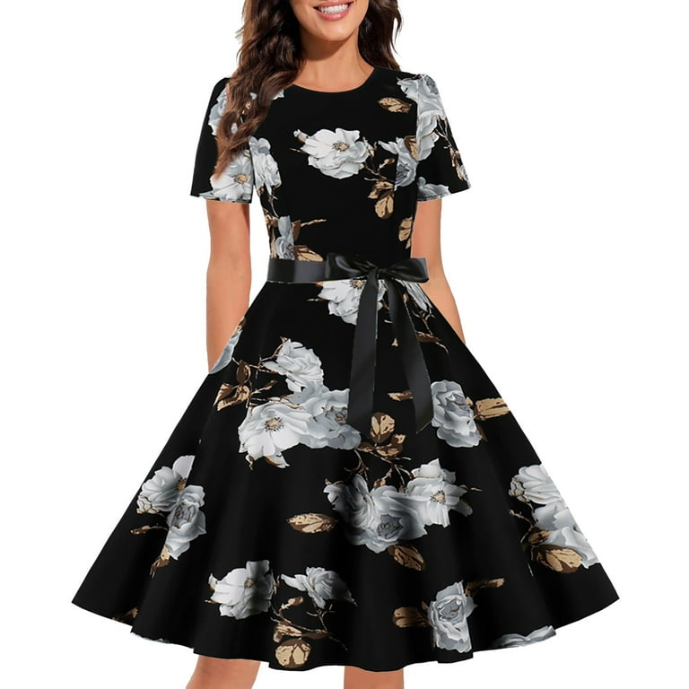 HSMQHJWE Pretty Garden Short Sleeve Dress Knee Length Women S