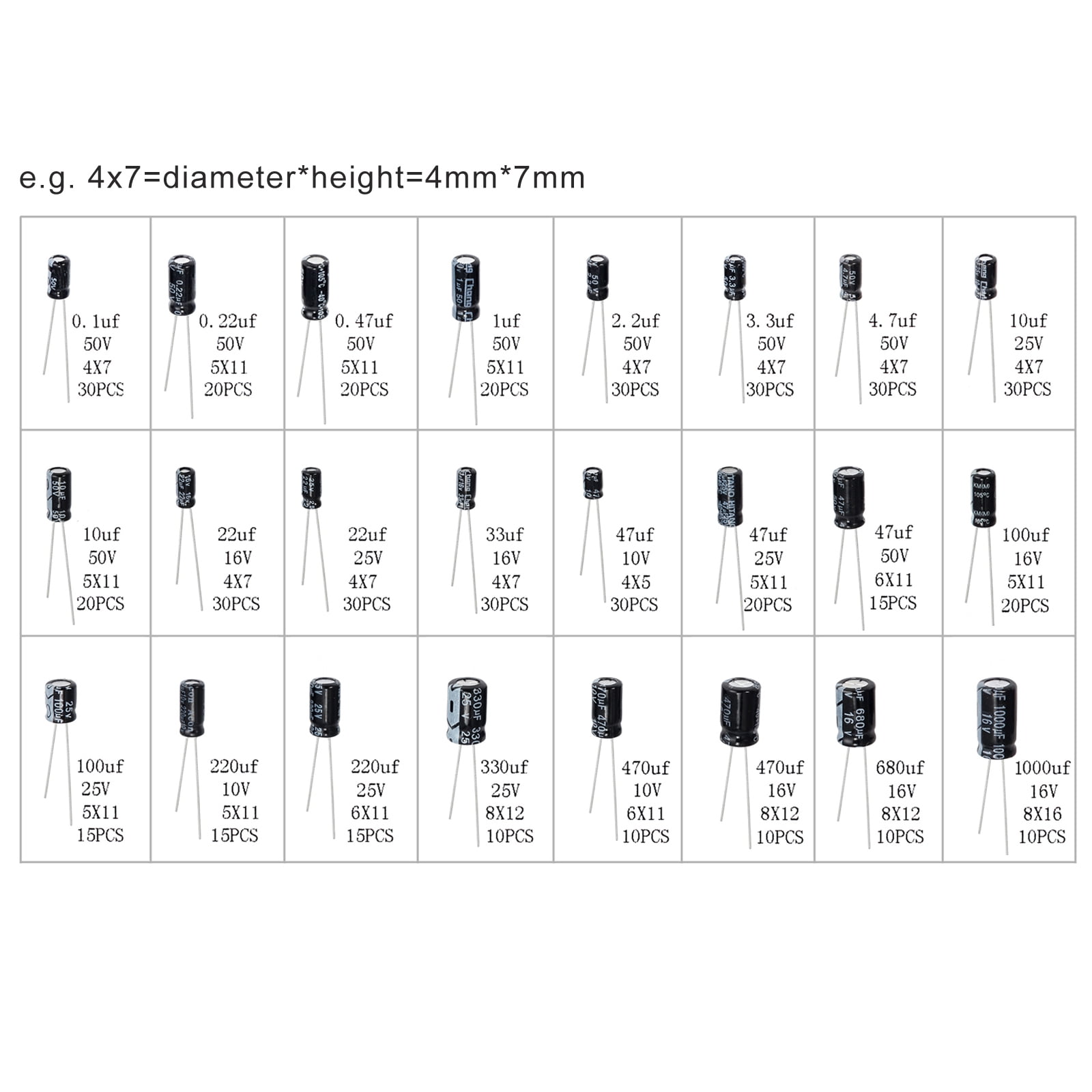 500pcs Electrolytic Capacitor Assortment Kit 0.1UF-1000UF 16V-50V 24 Value w//Box