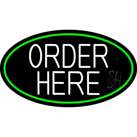 White Order Here With Oval Green Border LED Neon Sign 13 x 24 - inches, Clear Edge Cut Acrylic Backing, with Dimmer - Bright and Premium built indoor LED Neon Sign for Bar decor.