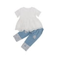 thumbnail image 2 of Toddler Baby Girl Clothes Lace Flowers Ruffle Shirt Top+Ripped Denim Jeans Pants Set 2Pcs Outfits, 2 of 8