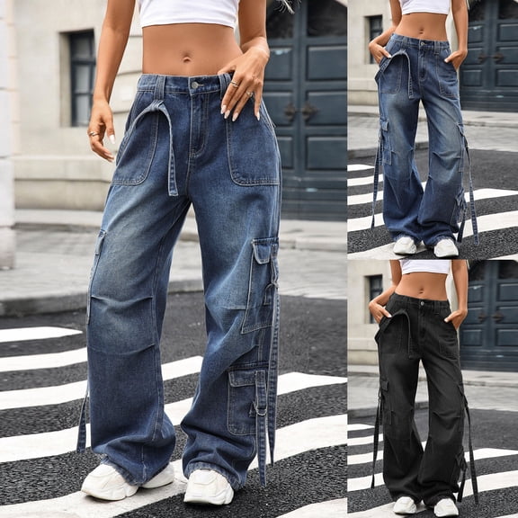 Soft Vintage Denim Jeans for Women Fashion Women Jeans High Waist Solid Color Pocket Denim Pants Casual Trousers Women's Fashion Pocket Jeans