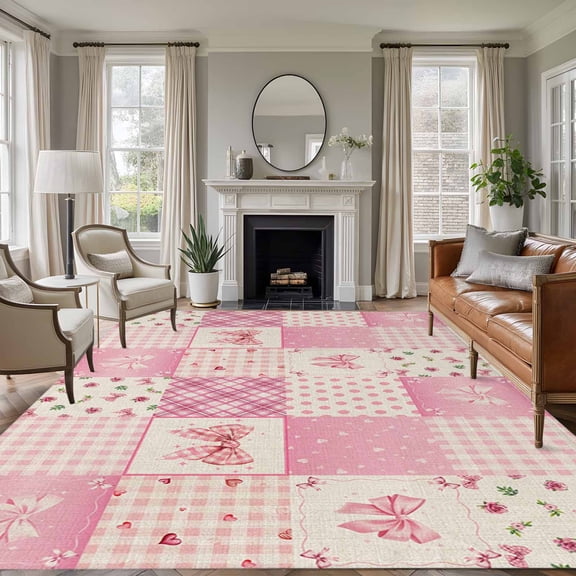 Valentine's Day Area Rugs 6'x9', Washable Small Throw Rugs for Kitchen Dining room, Pink Bows Vintage Plaid Romantic Roses Indoor Outdoor Rug Non-Slip Low Pile Carpet Runner Reversible Floor Mats