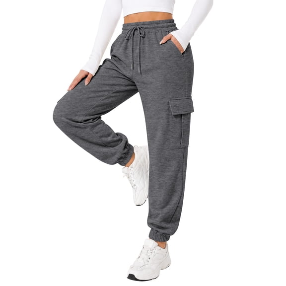 TEMOFON Sweatpants for Women Cargo Drawstring Joggers with Pockets Elastic Waistband Fall Pants Fleece Lined Thermal Trousers Dark Grey L