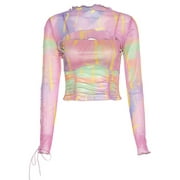 Fashion Summer Women Tie Dye Transparent Crop Tops Mesh Sweet Ruched Lace Up Long Sleeve Ruffles T-Shirts Camisole Set