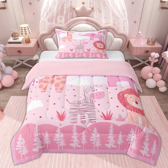 Erosebridal Pink Cartoon Animal Twin Comforter Sets, Lion Giraffa Bedding Set, 2-Piece