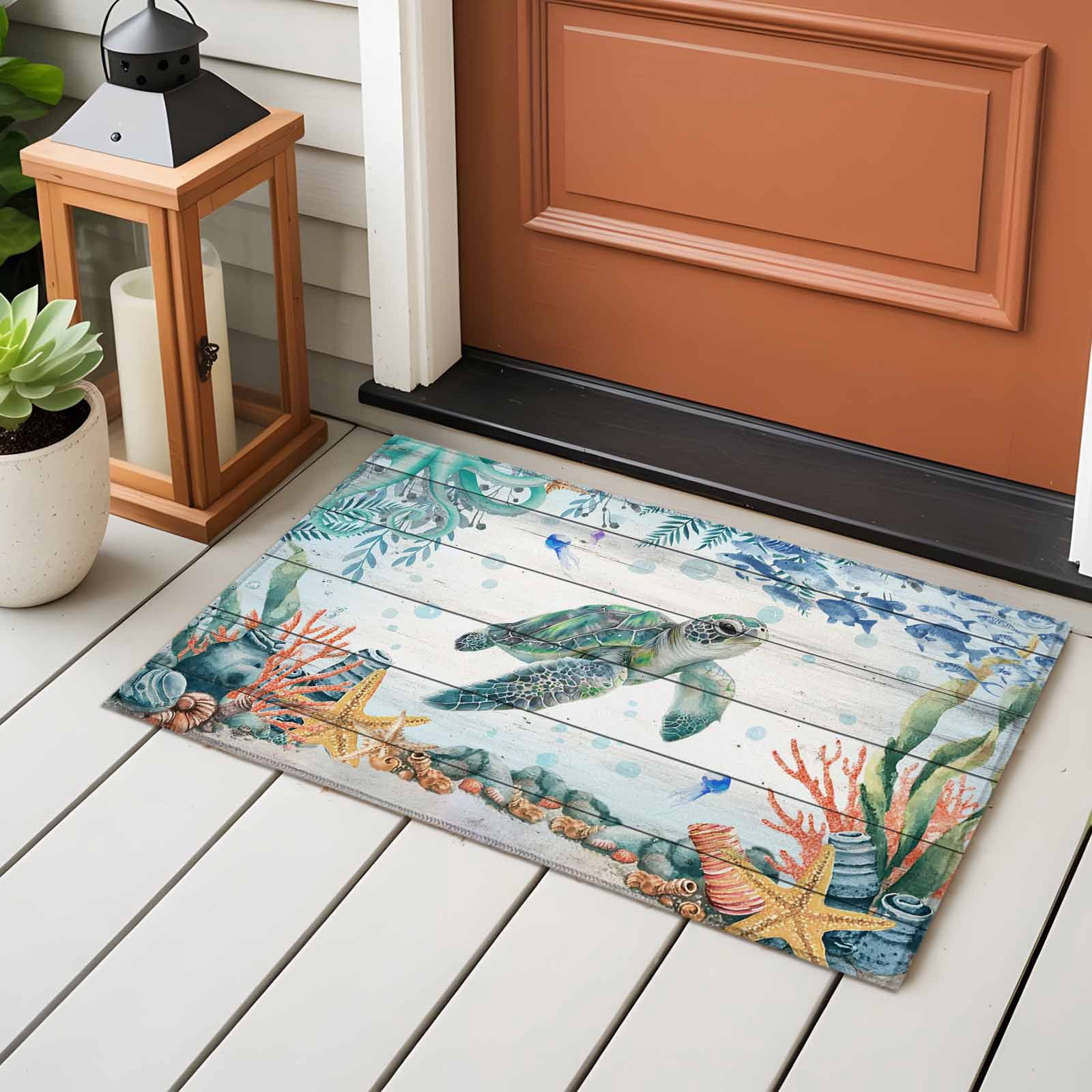 Entryway Rug 2'x3', Sea Turtle Coastal Small Rug for Kitchen Bathroom Door Mat Indoor Entrance, Summer Nautical Starfish Coral Grey Wooden Non-Slip Area Rugs Floor Mats Carpet Front Door Rugs