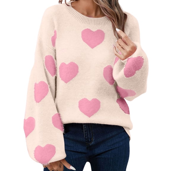 Womens Valentines Day Knitwear Pullover Sweater Heart Print Striped Tops